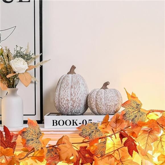 Artificial Pumpkin Decor Set of 2 White Brown Resin Pumpkins Fall Thanksgiving - Picture 3 of 7